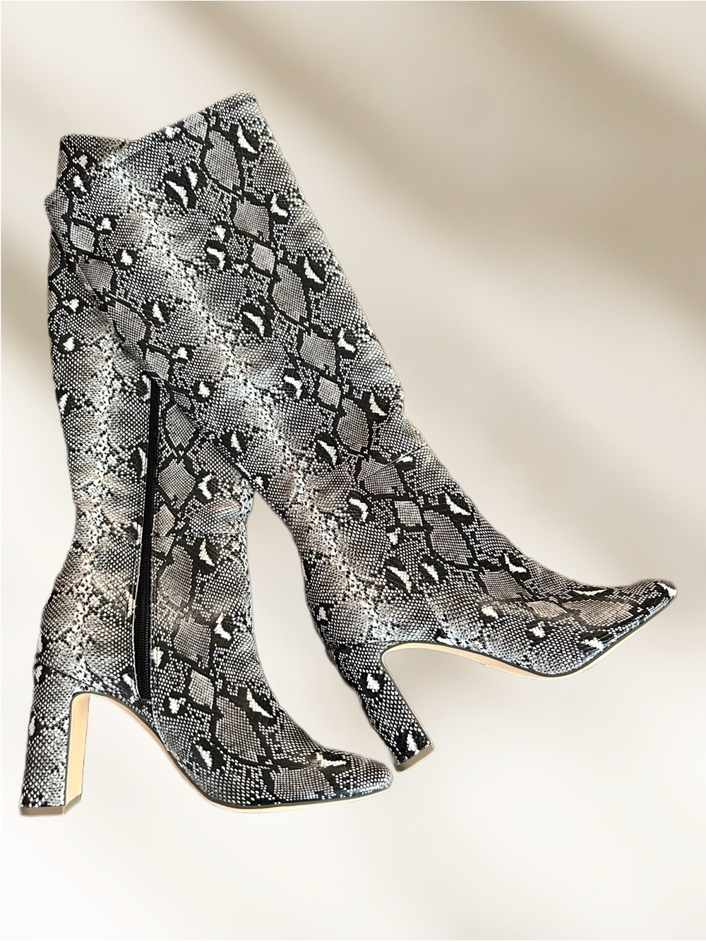 Madden Girl Black and Gray Snake-Print Knee Boots